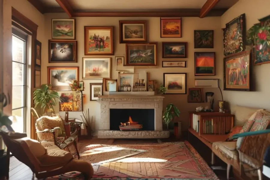 Decoração de casa com quadros nas paredes.