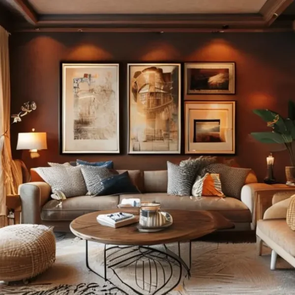 Sala de estar com quadros artísticos nas paredes e decoração aconchegante.