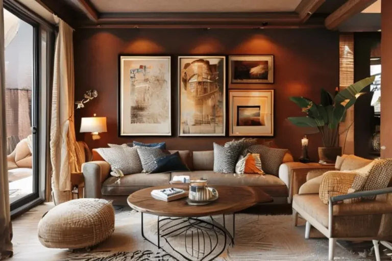 Sala de estar com quadros artísticos nas paredes e decoração aconchegante.