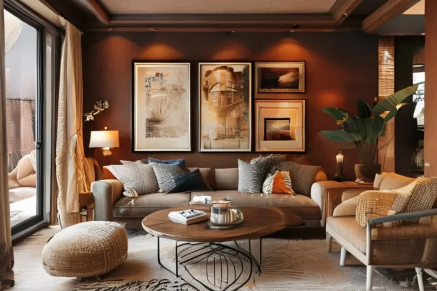 Sala de estar com quadros artísticos nas paredes e decoração aconchegante.