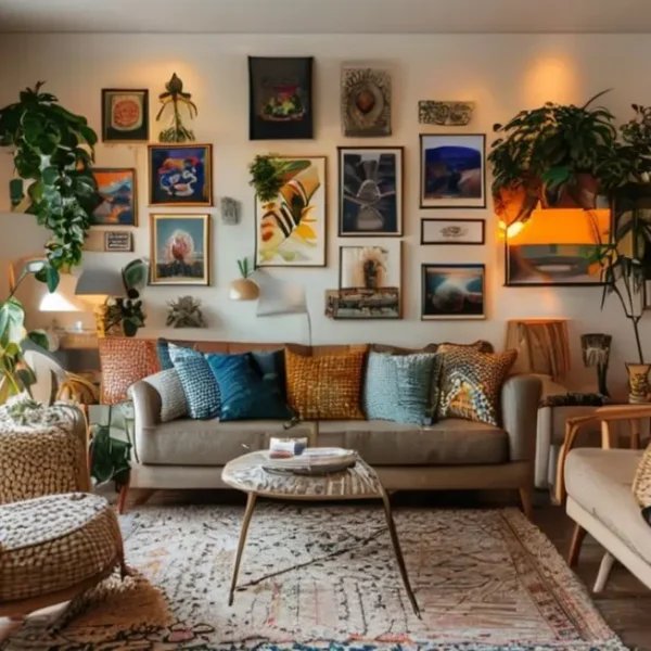 Uma sala de estar confortável e estilizada com várias artes na parede.