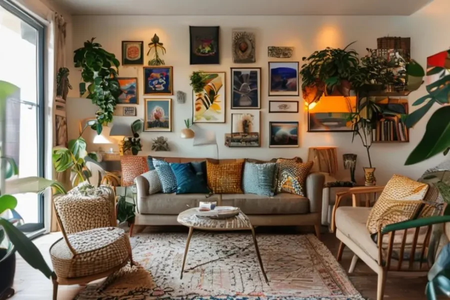 Uma sala de estar confortável e estilizada com várias artes na parede.