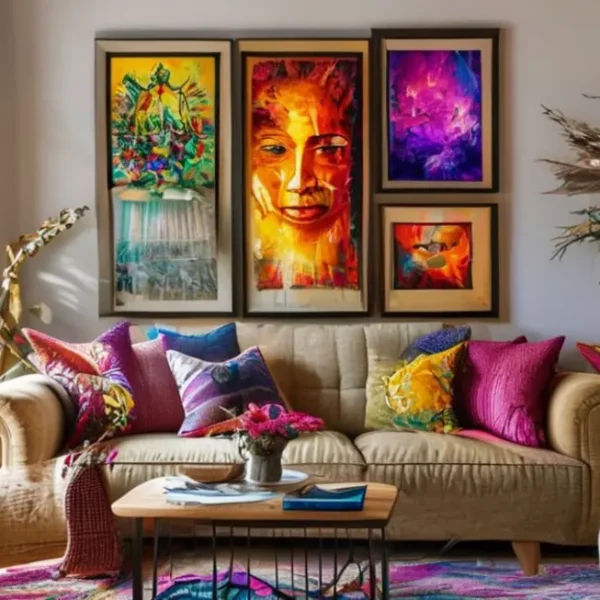 Sala aconchegante decorada com artes emolduradas.