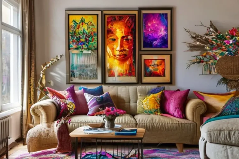 Sala aconchegante decorada com artes emolduradas.