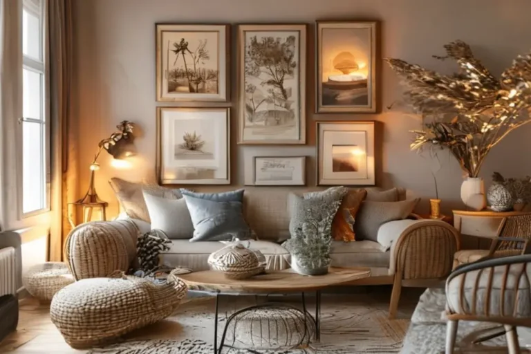 Uma sala de estar acolhedora e decorada com quadros.