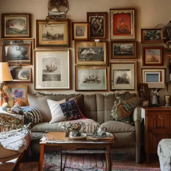 Um ambiente de estar aconchegante decorado com quadros artísticos.