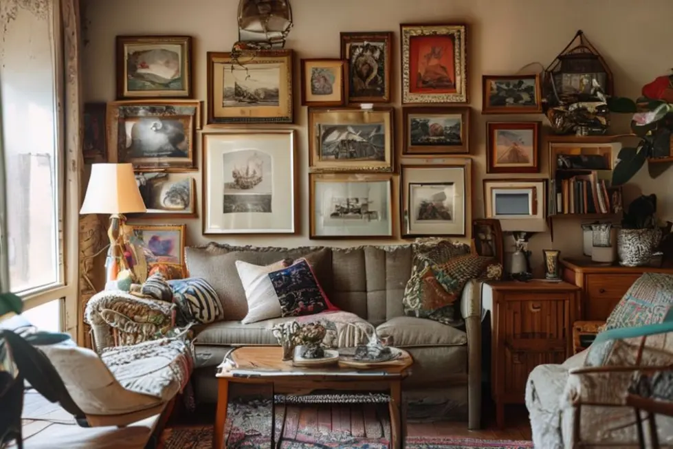 Um ambiente de estar aconchegante decorado com quadros artísticos.