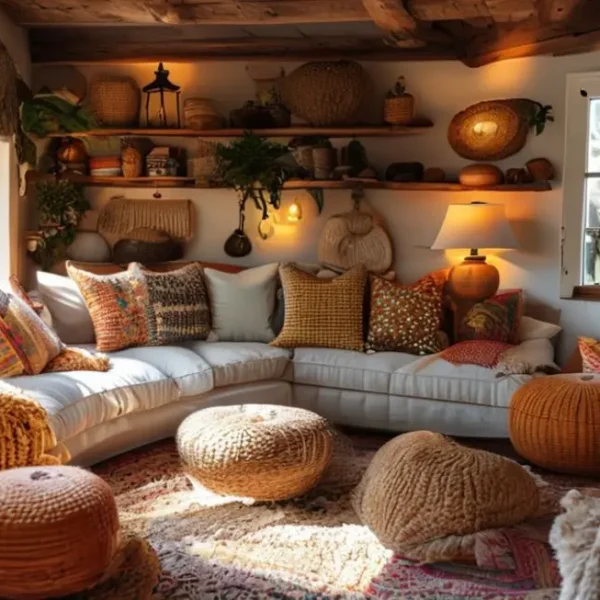 Interior acolhedor e convidativo, repleto de elementos decorativos criativos.