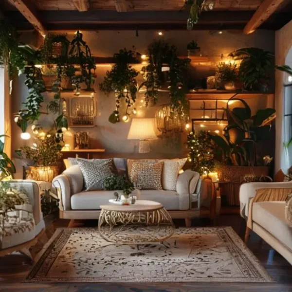 Interior de casa decorado de maneira acolhedora.