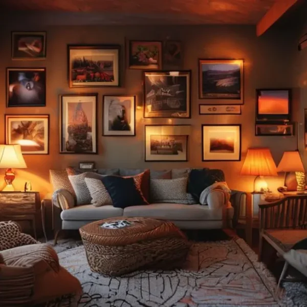 Sala de estar decorada de forma acolhedora com quadros e posters.