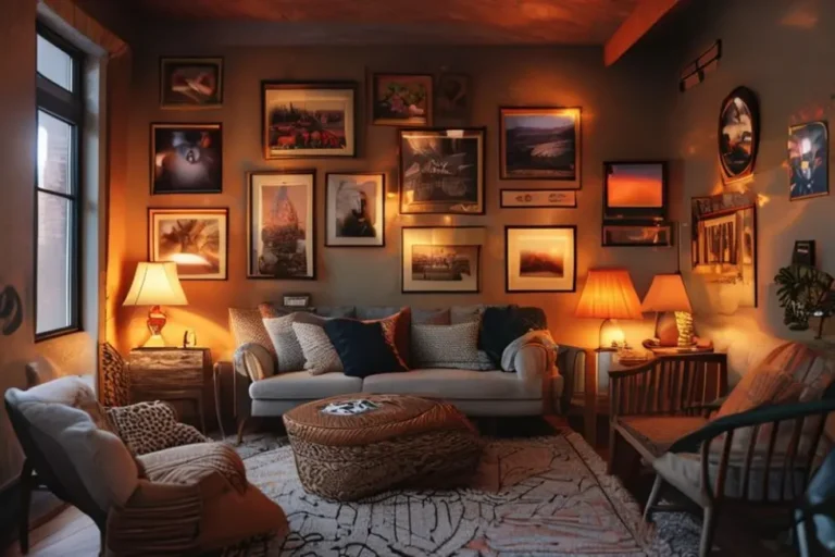 Sala de estar decorada de forma acolhedora com quadros e posters.