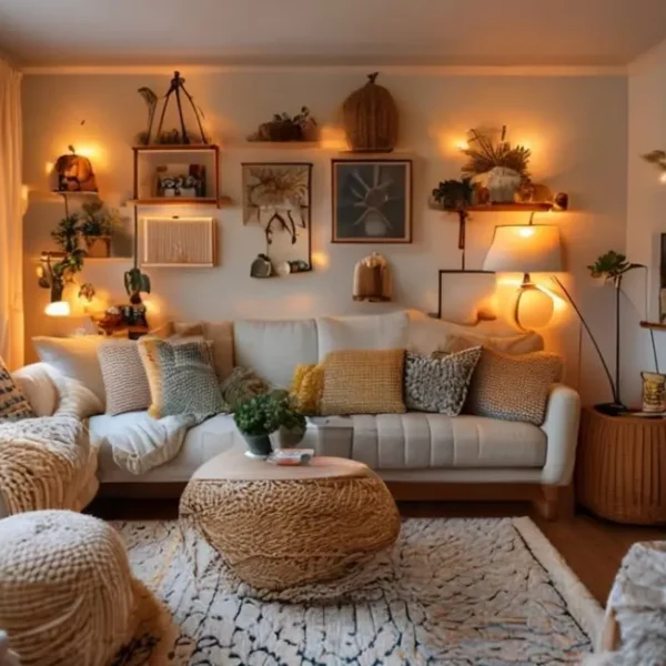 Imagem de um espaço de estar decorado de forma criativa e acessível.