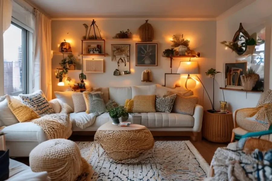 Imagem de um espaço de estar decorado de forma criativa e acessível.