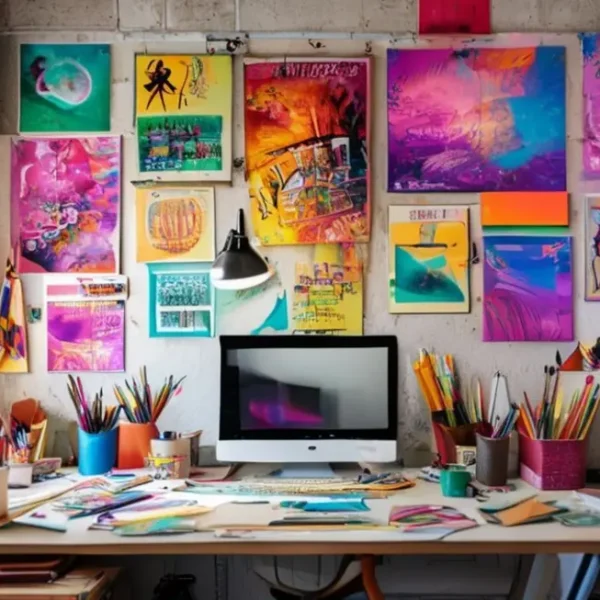 Escritório criativo decorado com posters artísticos.