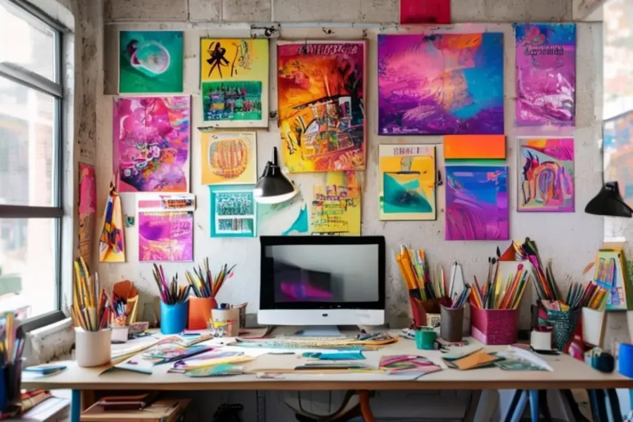 Escritório criativo decorado com posters artísticos.