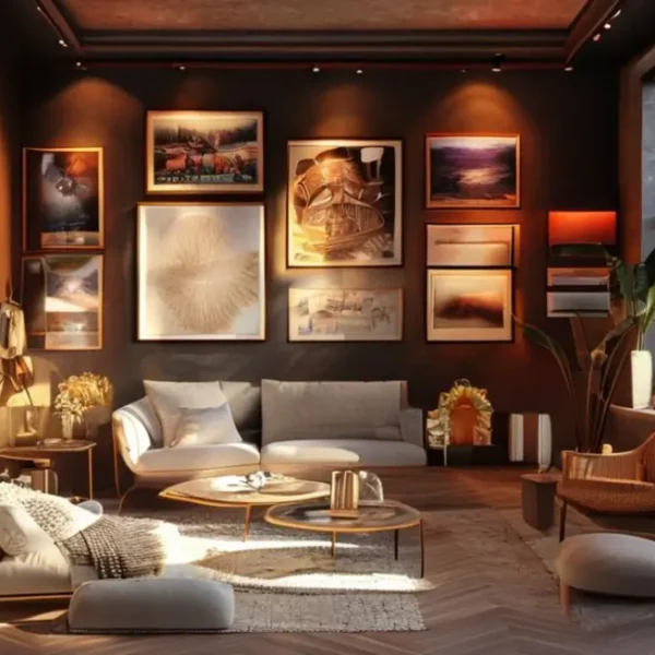 Um espaço interior bem decorado com arte nas paredes e uma atmosfera convidativa.