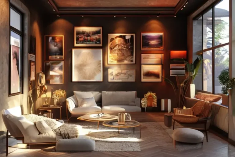 Um espaço interior bem decorado com arte nas paredes e uma atmosfera convidativa.