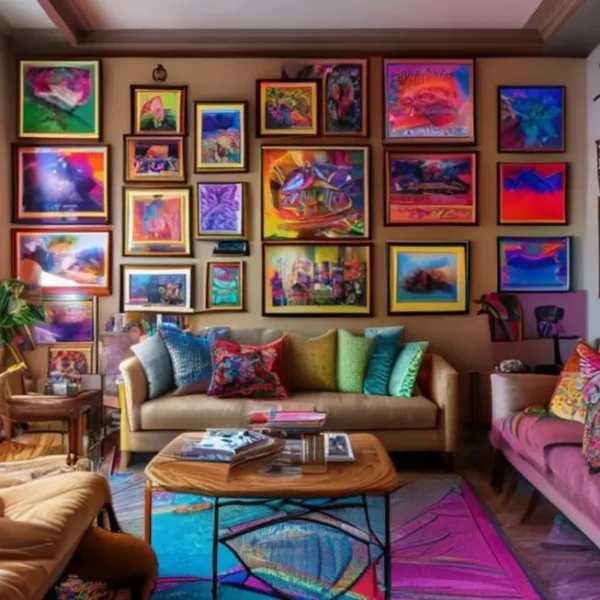 Decoração de casa com quadros e posters coloridos.