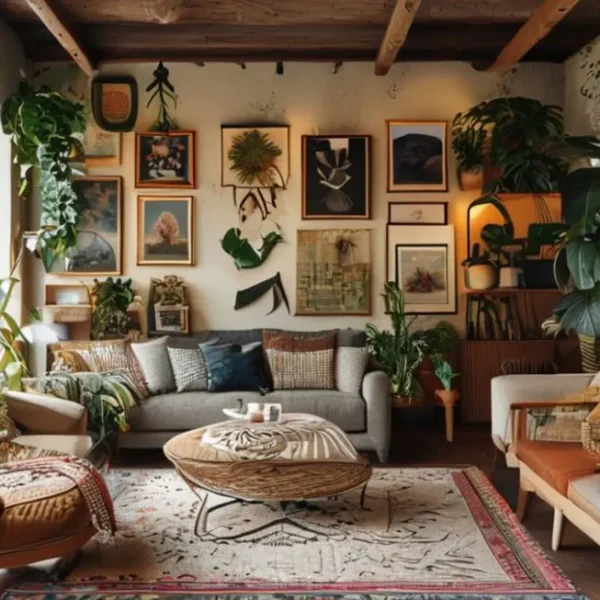 Interior aconchegante com vários estilos de decoração acessível e arte.