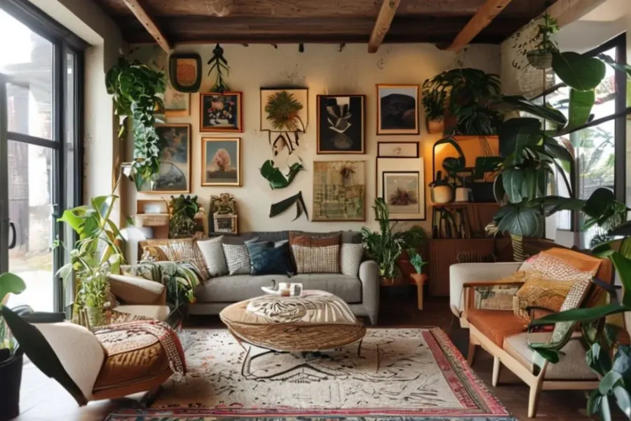 Interior aconchegante com vários estilos de decoração acessível e arte.