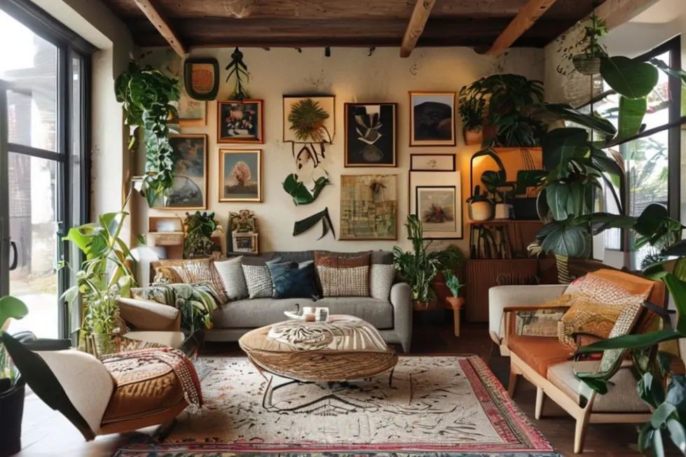 Interior aconchegante com vários estilos de decoração acessível e arte.