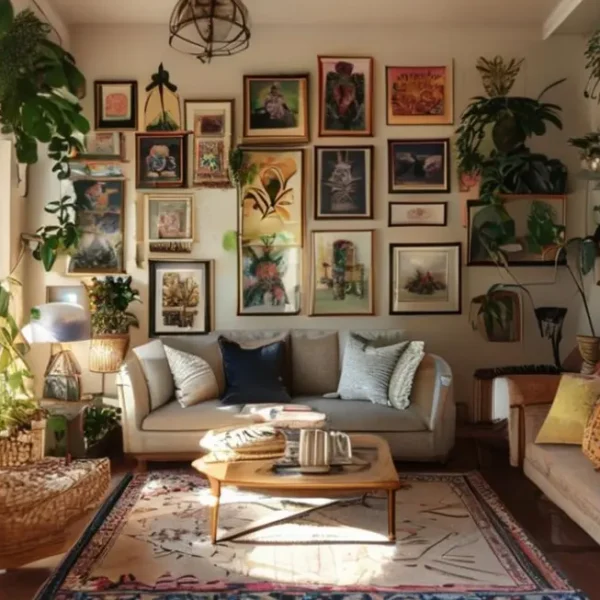 Interior de casa decorado com quadros e posters, mostrando um ambiente acolhedor e estiloso.