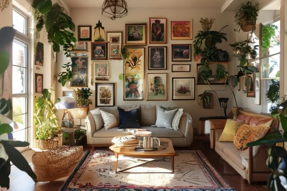 Interior de casa decorado com quadros e posters, mostrando um ambiente acolhedor e estiloso.