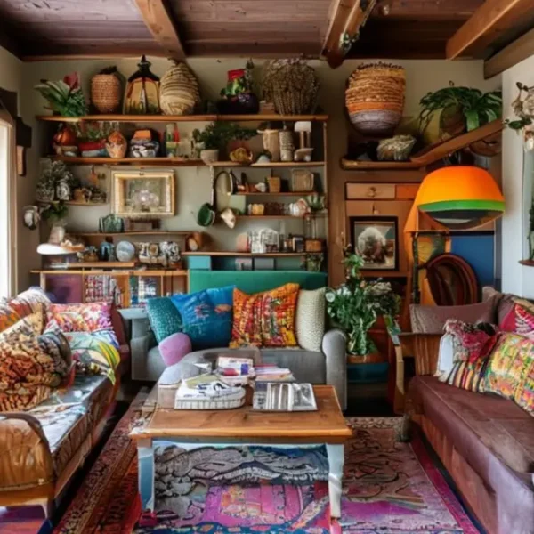 Um interior de uma casa decorado de forma acolhedora, misturando estilos e cores vibrantes.