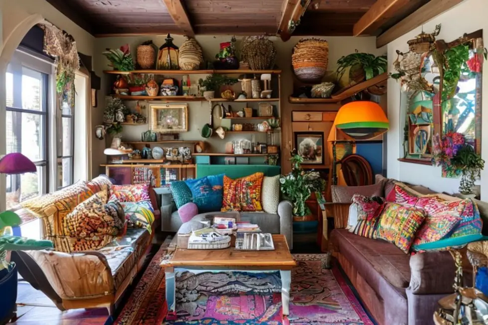 Um interior de uma casa decorado de forma acolhedora, misturando estilos e cores vibrantes.