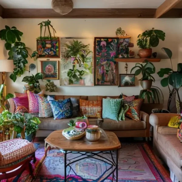 Decoração de um lar acolhedor com quadros e posters.