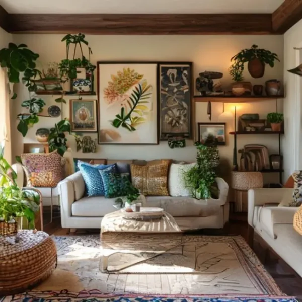 Interior de casa decorado com elementos artísticos e práticos.