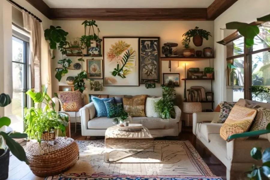 Interior de casa decorado com elementos artísticos e práticos.