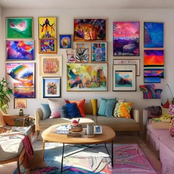 Espaço de vida com quadros e posters vibrantes, mostrando estilo e personalidade.