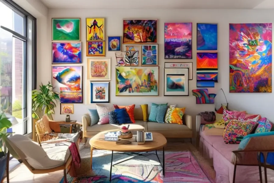 Espaço de vida com quadros e posters vibrantes, mostrando estilo e personalidade.