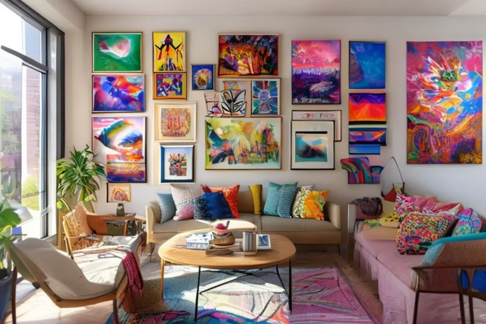 Espaço de vida com quadros e posters vibrantes, mostrando estilo e personalidade.