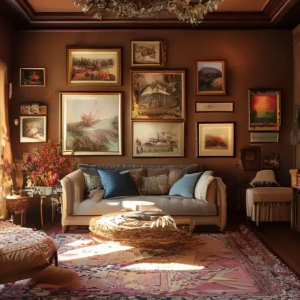 Sala cheia de quadros e posters, trazendo calor e alegria.