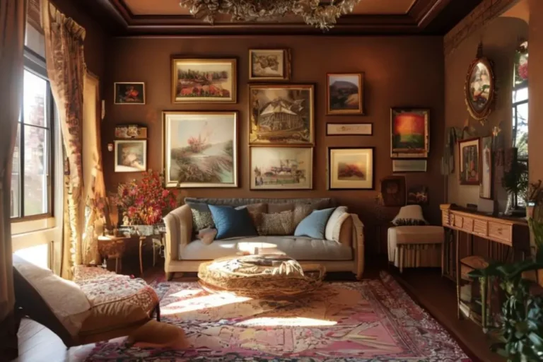 Sala cheia de quadros e posters, trazendo calor e alegria.