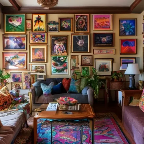 Decoração de casa balançada com arte nas paredes