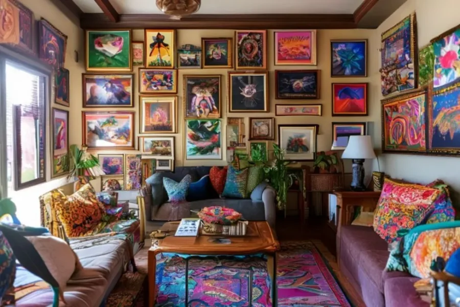 Decoração de casa balançada com arte nas paredes