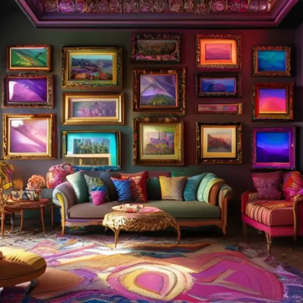 Sala decorada com quadros coloridos no estilo aconchegante.