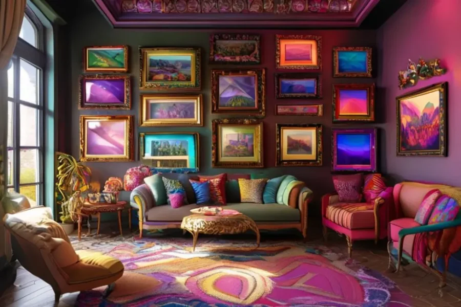 Sala decorada com quadros coloridos no estilo aconchegante.