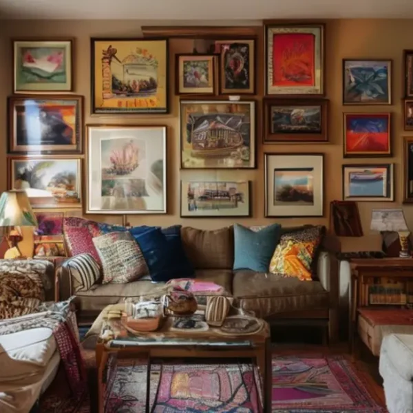 Sala de estar decorada com quadros, mostrando um ambiente pessoal e acolhedor.