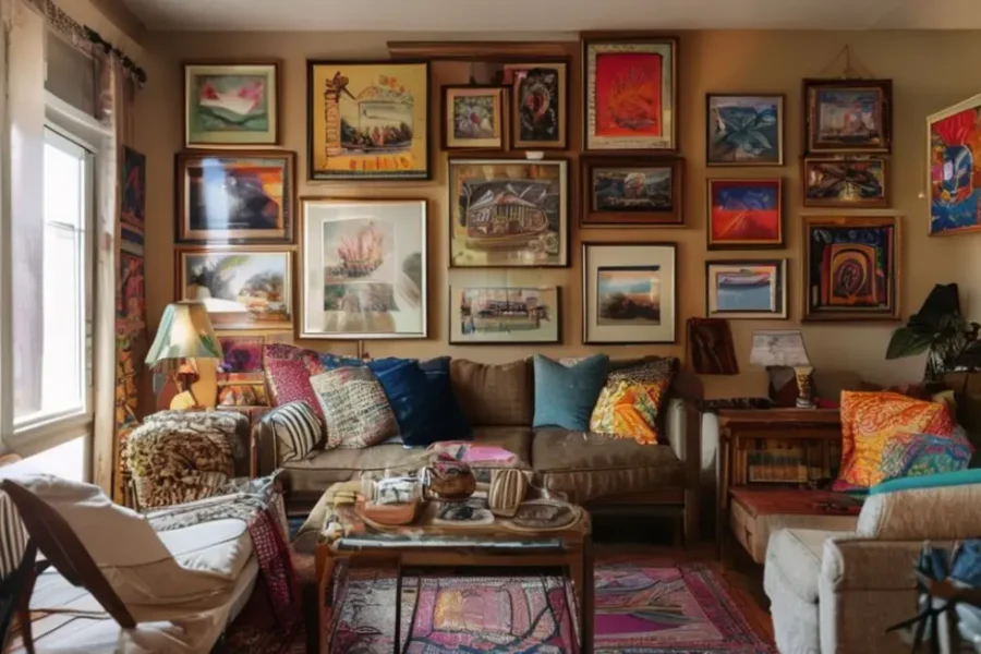 Sala de estar decorada com quadros, mostrando um ambiente pessoal e acolhedor.