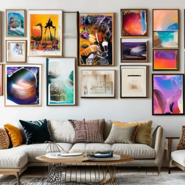 Colagem criativa de quadros e posters em uma sala moderna.