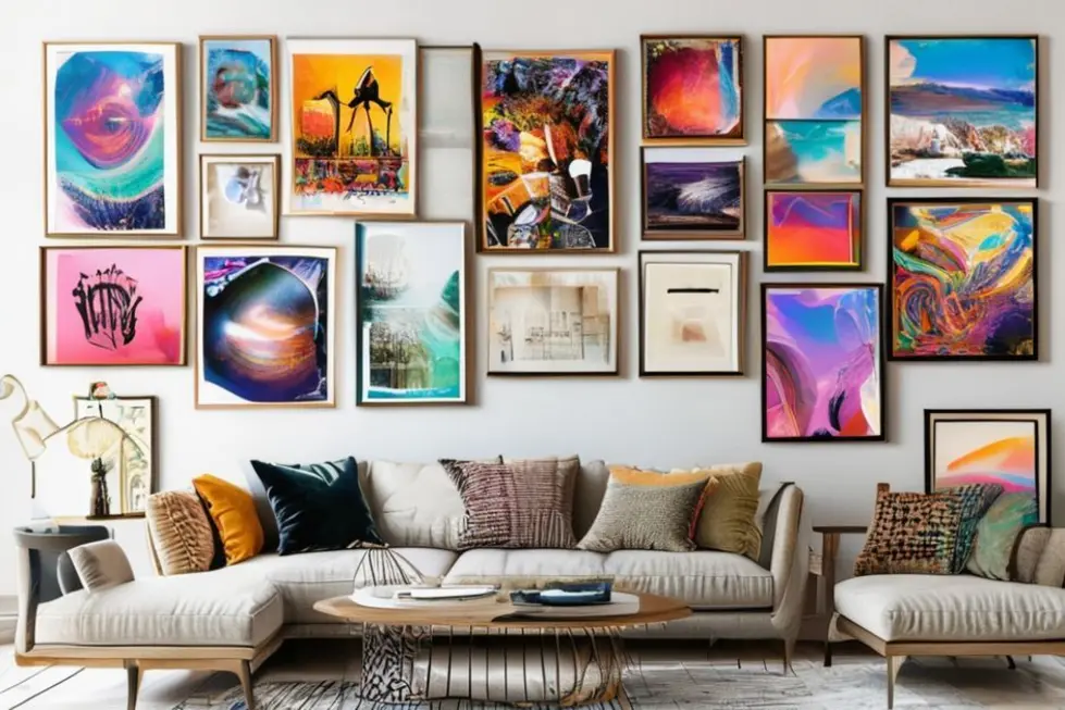 Colagem criativa de quadros e posters em uma sala moderna.