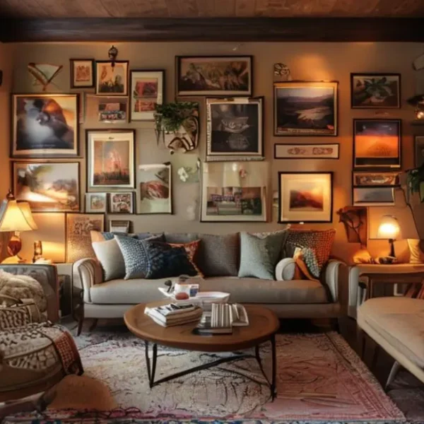 Uma sala de estar decorada com quadros e posters variados.