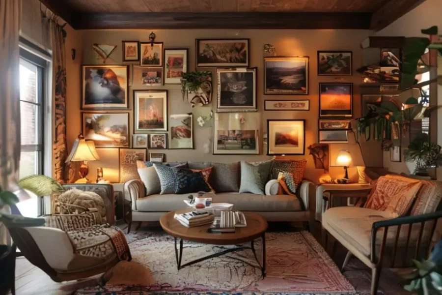 Uma sala de estar decorada com quadros e posters variados.