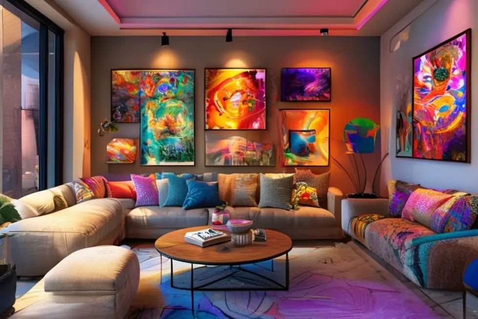 Sala de estar bem decorada com quadros e posters coloridos.