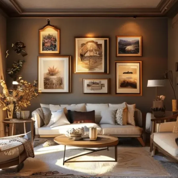 Um interior de casa decorado com quadros e posters que refletem estilo e aconchego.