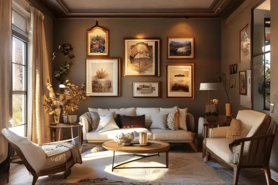 Um interior de casa decorado com quadros e posters que refletem estilo e aconchego.